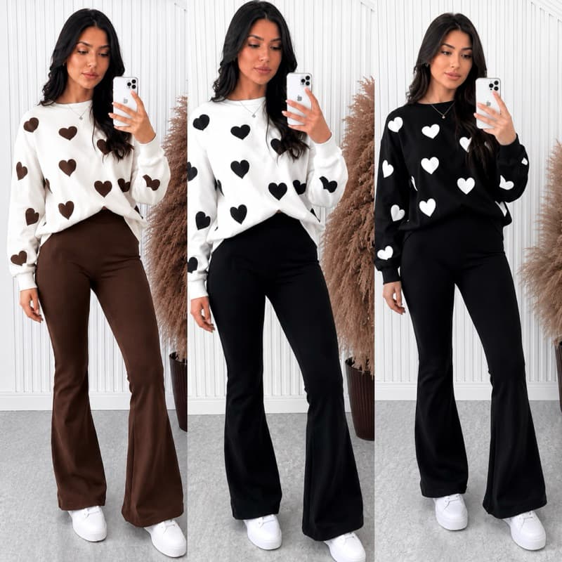🤎 Conjunto Feminino Blusa de Coração + Calça Flare Flanelada
