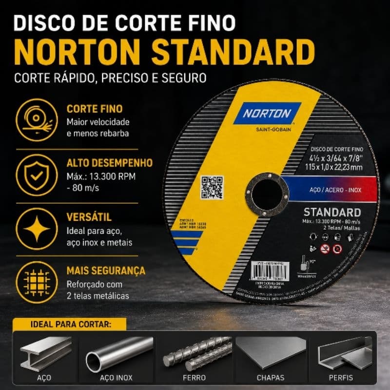 Kit Discos Corte Norton Aço Inox 4.1/2x1,0 Standard - Serra - Esmerilhadeira - Profissional