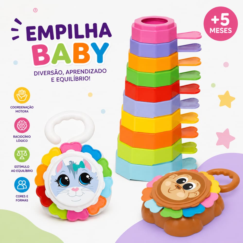 Empilha Baby Solapa Macaco + Gatinho Brinquedo de Encaixe Educativo Coordenação Motora
