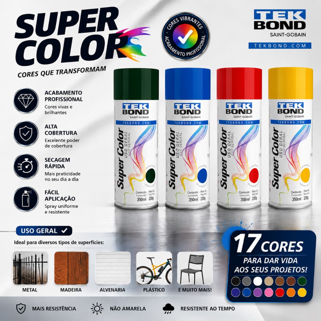 Tinta Spray Tekbond Uso Geral Super Color 350ml Alta Cobertura Secagem Rápida