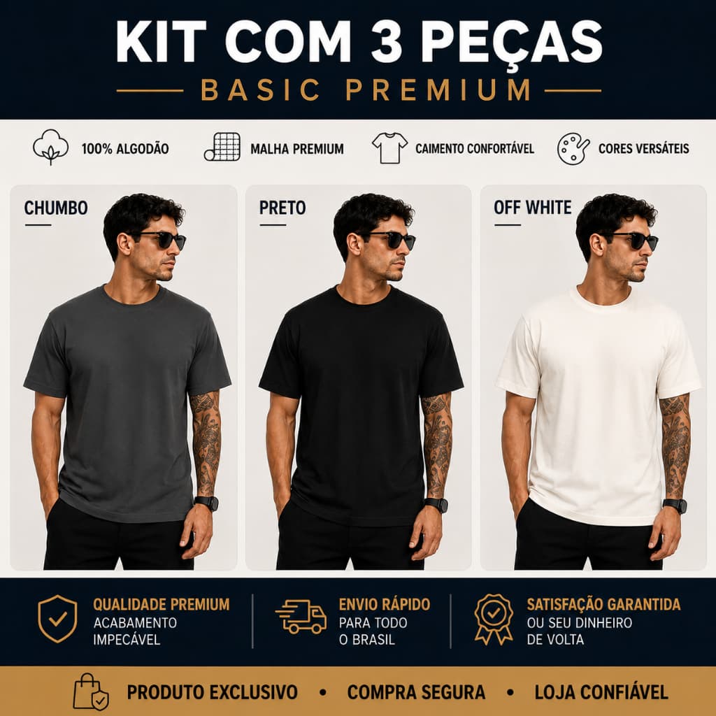 Kit 3 Camisetas Basic Lisas Premium 30.1 100% Algodão