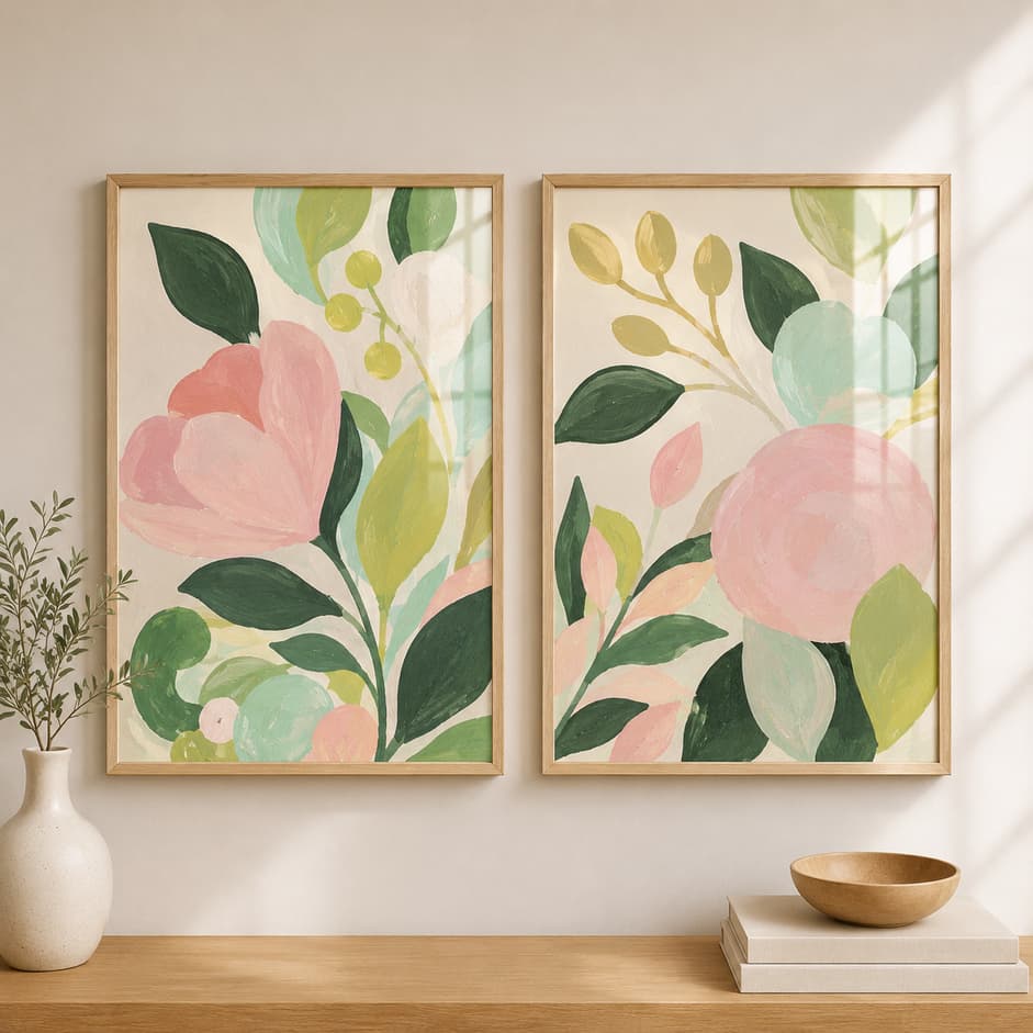 Kit DUO De Quadros Decorativos Sala Hall Escritório Hall Flores Rosas Botânica Ramos Verdes Ilustração Romântico