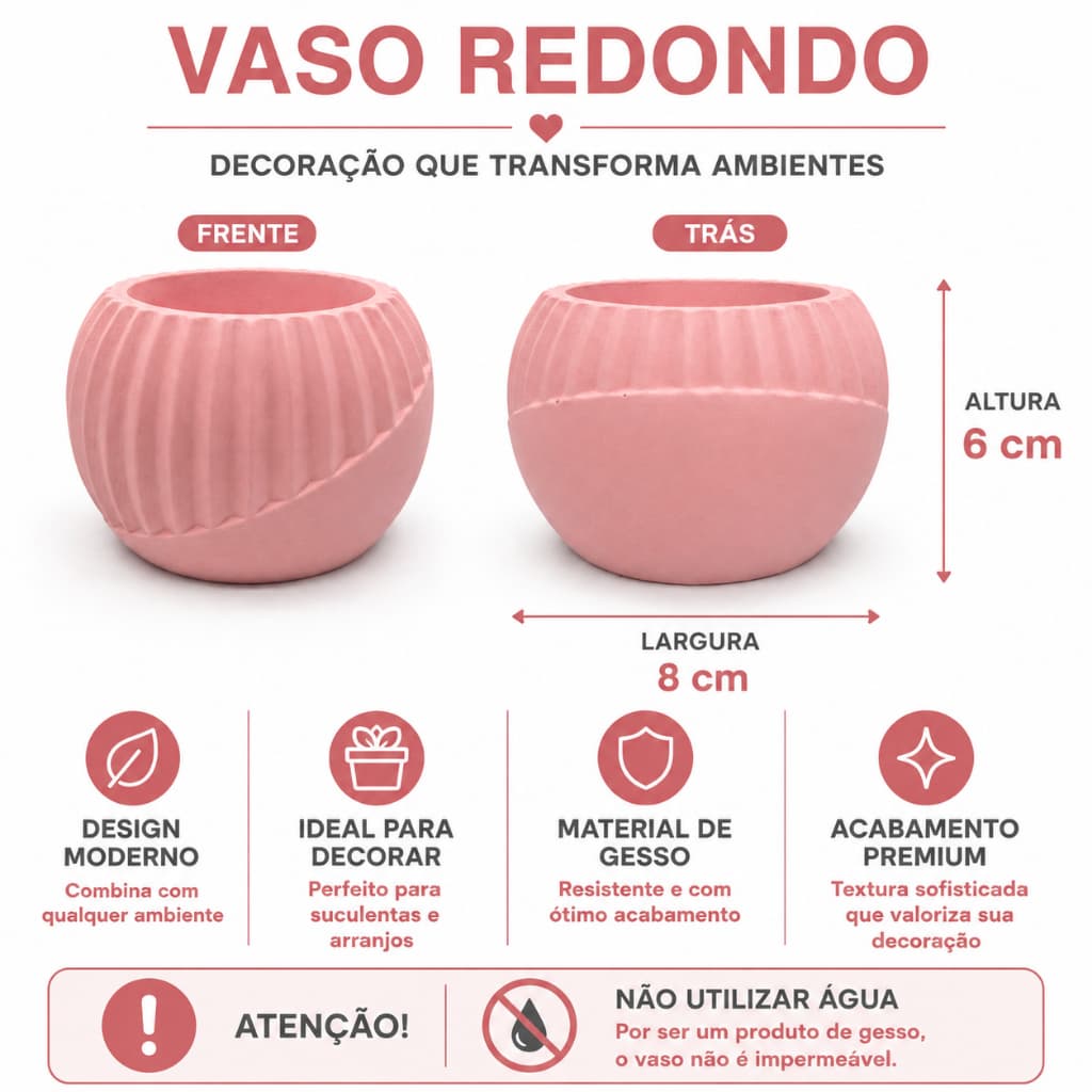Vaso de Gesso Redondo Minimalista 120g Azul Branco Verde Cinza Roxo Amarelo Rosa para Decoração