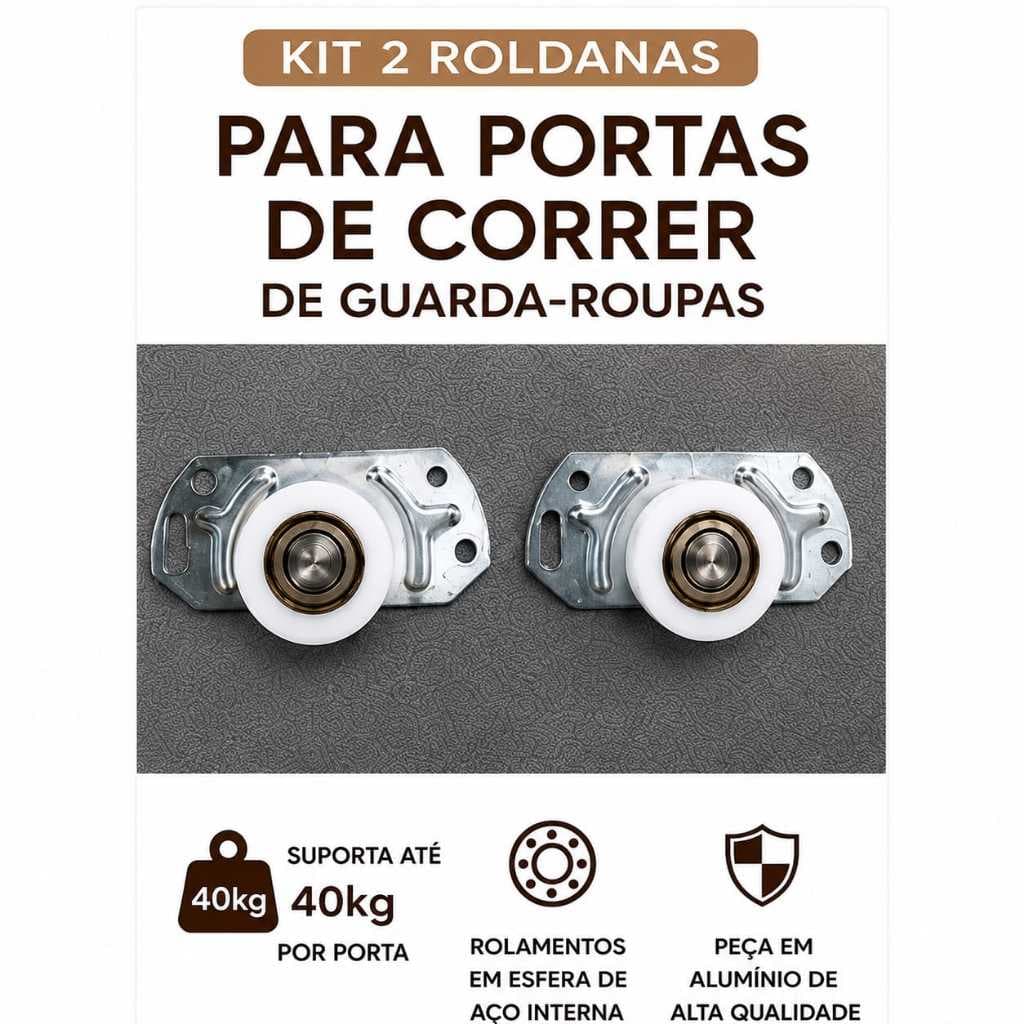 Kit 2 Roldanas Porta de Correr até 40kg Guarda Roupa Rolamento Aço 32mm Com Parafusos