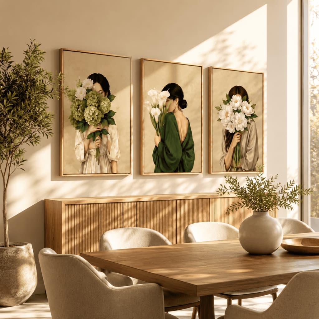 Kit 3 Quadros Decorativos Mulheres Com Flores Brancas Arte Elegante Feminina Floral Em Tons Pastéis Para Quarto Sal
