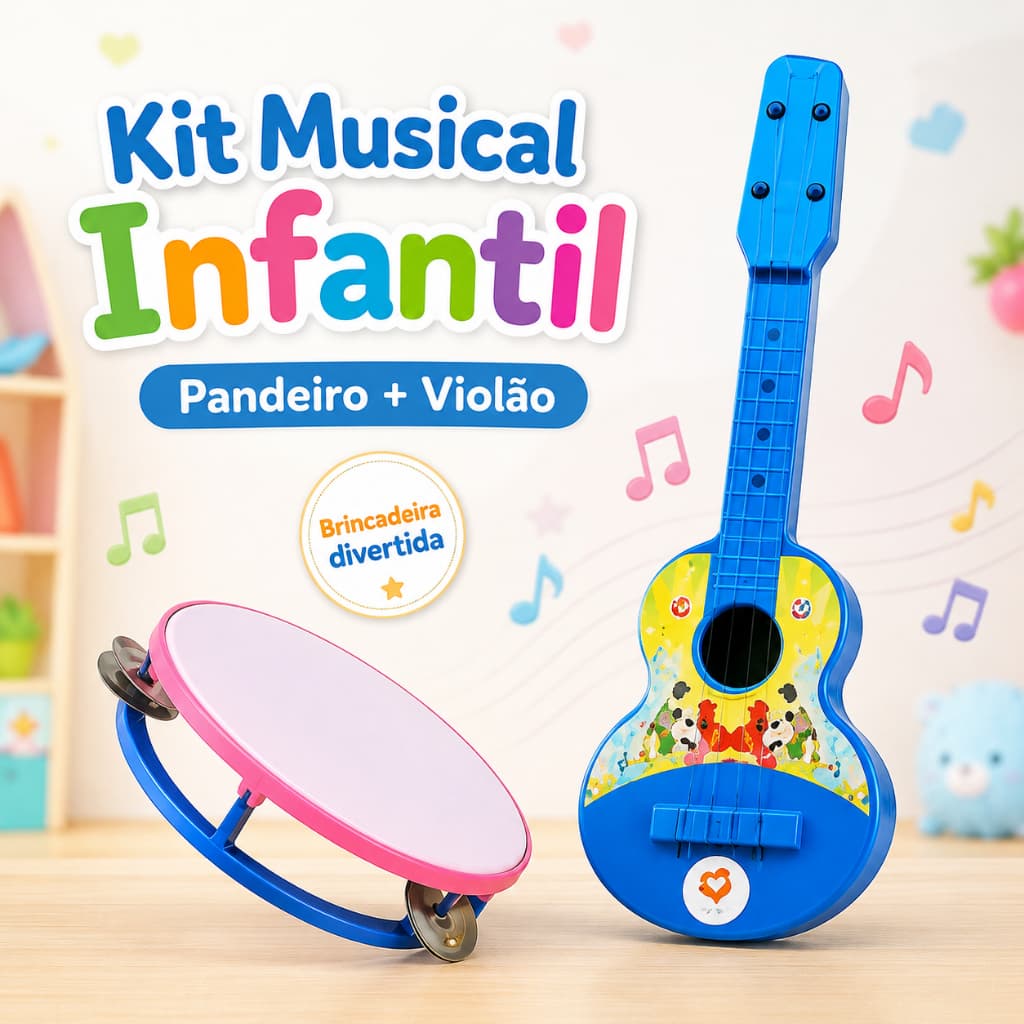 Kit Musical Infantil Pandeiro e Violão Plástico Brinquedo Educativo Cores Sortidas