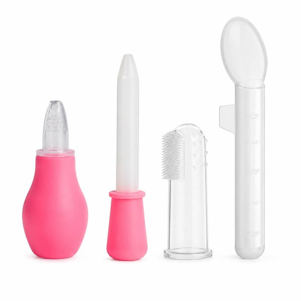 Kit Cuidados Bebê 4 Peças Aspirador Nasal Conta-Gotas Escova de Dedo Colher Dosadora Enxoval Bebe