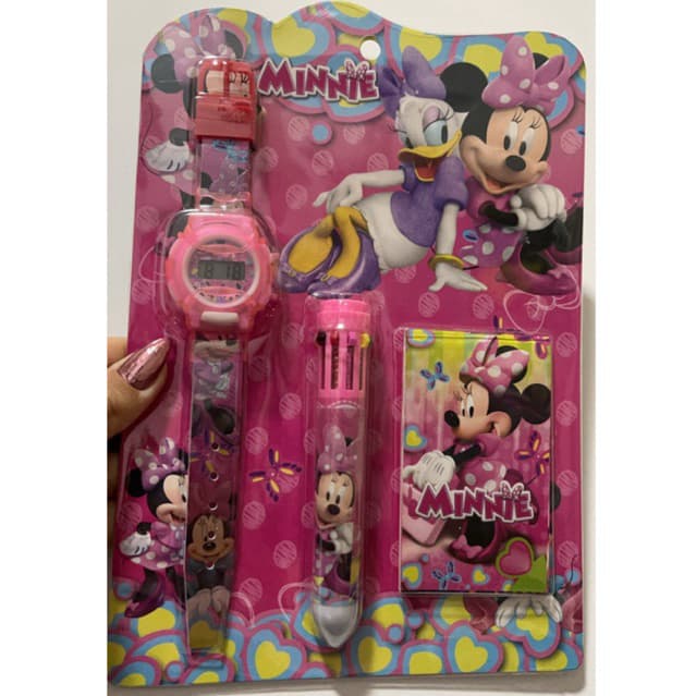 Kit Relógio Infantil Digital Minnie + Caneta + Bloco de Notas
