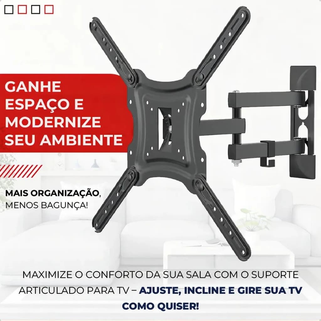 Suporte Tv Tri Articulado Lcd Led Plasma 22 A 55 Pol para parede 32 40 42 43 47 50 52 55 ART 24 TRI ADAP