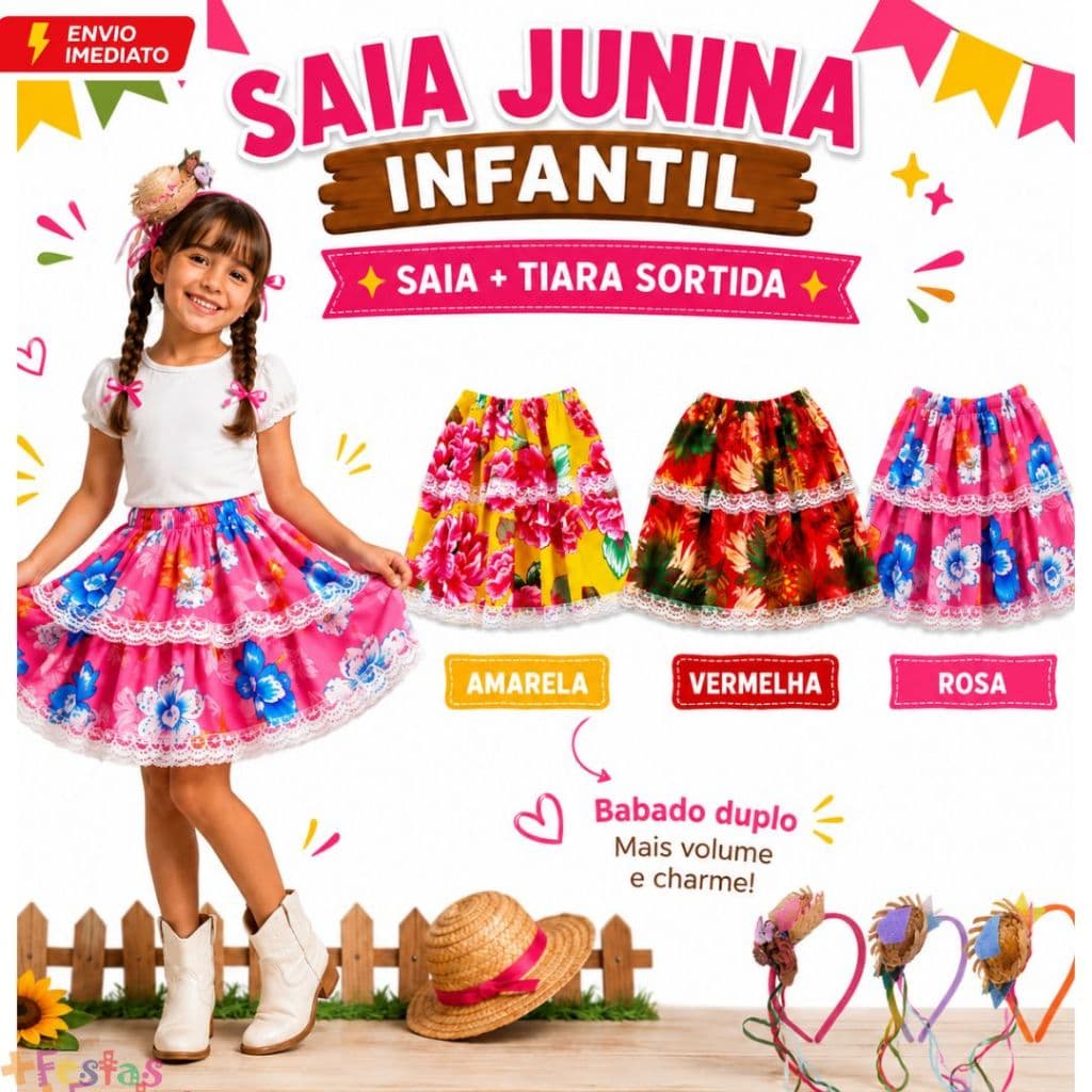 Kit Fantasia Saia Estampa Junina Infantil Juvenil + Tiara Chapéu Sortidas Festa Junina Escolar