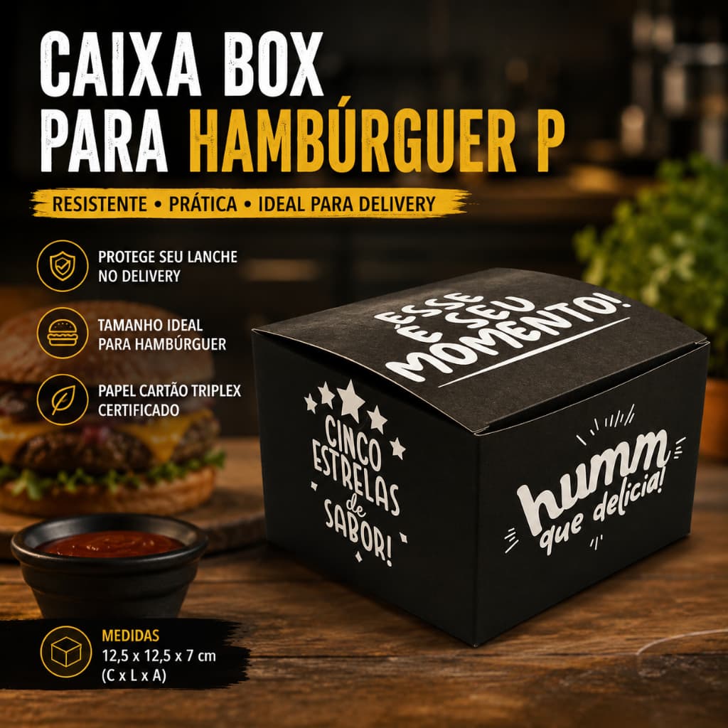Caixa Embalagem para Hambúrguer Pequeno Delivery (12,5 x 12,5 x 7 cm)