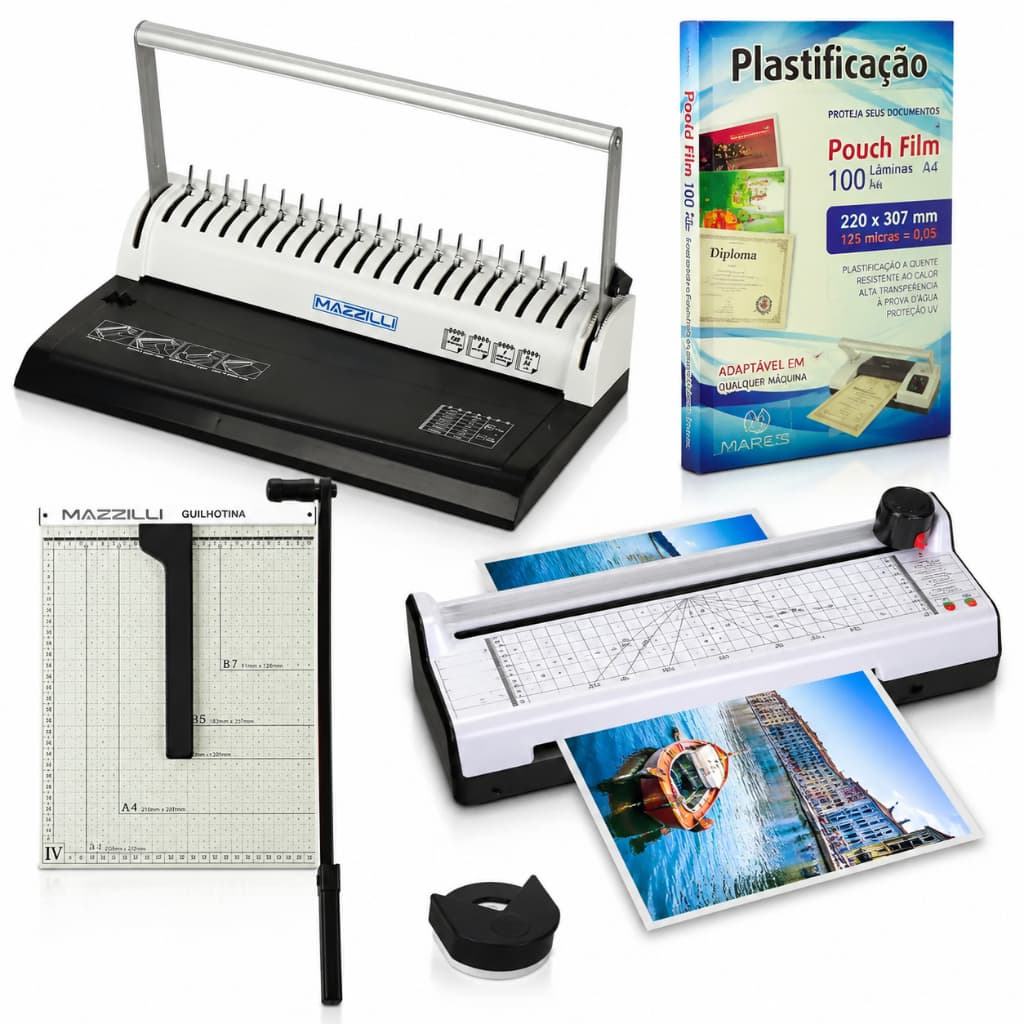 Kit Plastificadora + Guilhotina + Plástico Polaseal A4 + Encadernadora