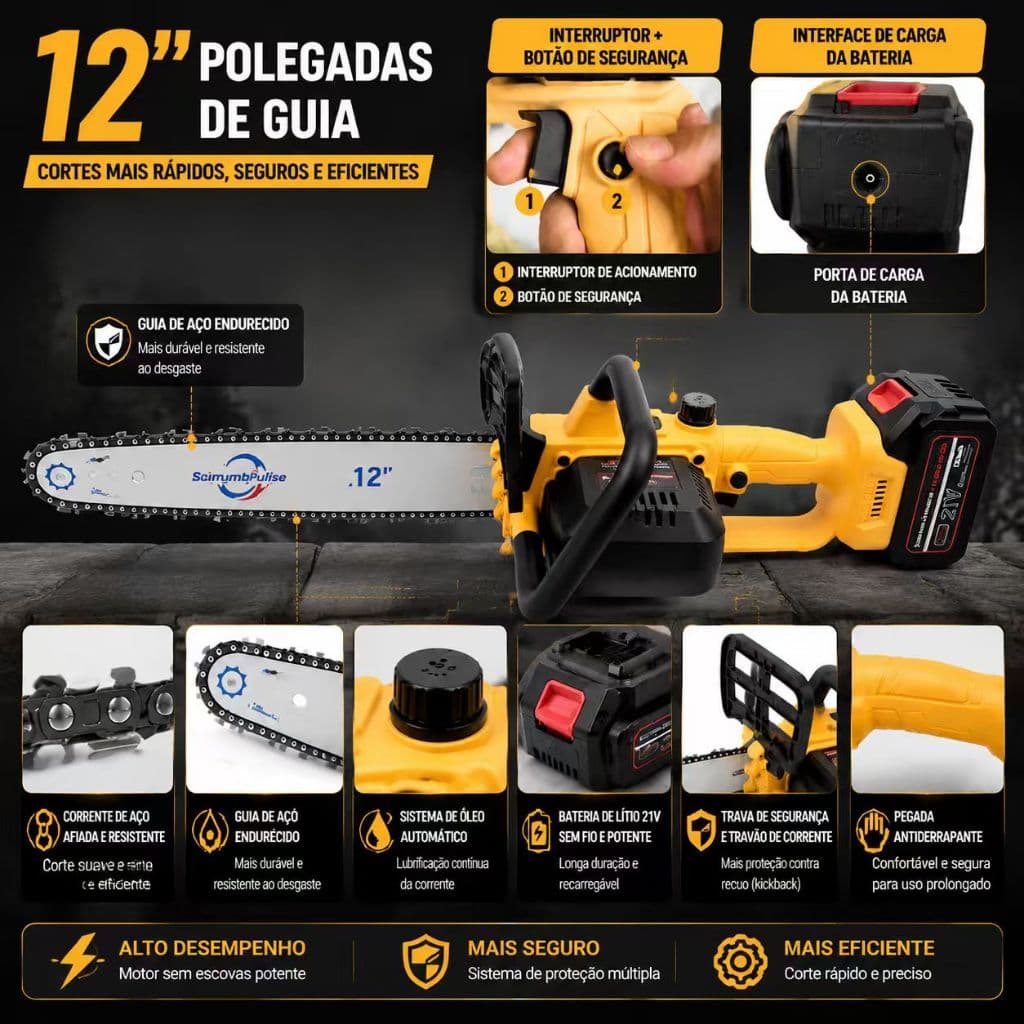 Motosserra Elétrica 12" Motor Sem Escova Bateria Lítio Recarregável Proteção Múltipla Para Corte de Madeira