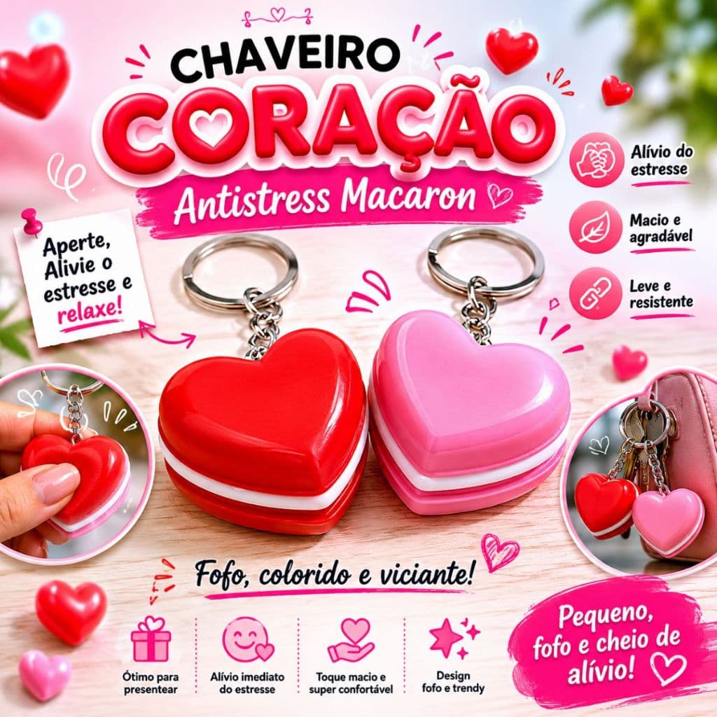 Chaveiro Coração Antistress Macaron Fidget Toy Anti Estresse Sensorial Presente Fofo Relaxante