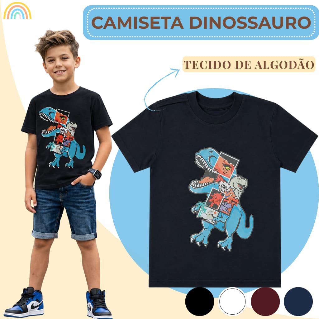 Camiseta Infantil/Juvenil Menino Dinossauro Rex Camisa Masculina 4 Cores Algodão Tamanho 2 ao 16