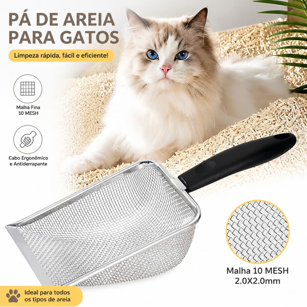 De Limpeza para Areia de Gatos com Pá e Peneira em Aço Inox Leve e Funcional