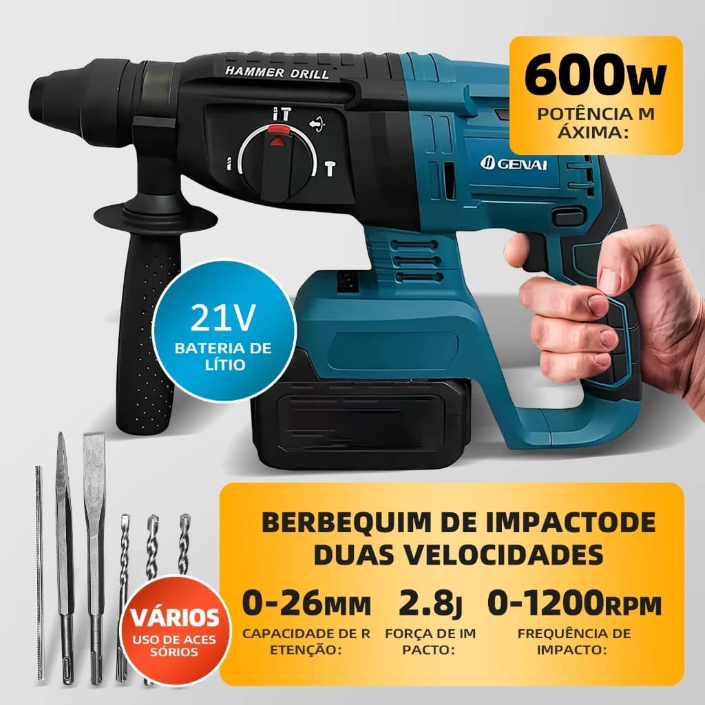 Furadeira De Impacto Elétrica De Dupla Velocidade Martelo Elétrico Profissional 21V/68V Equipada Com Duas Baterias.