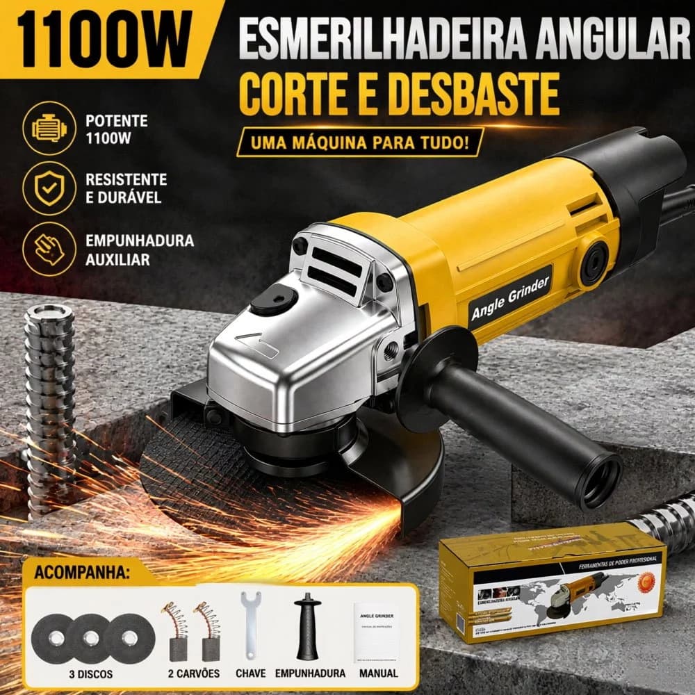 Ferramenta de Corte e Desbaste 110V Esmerilhadeira Angular 115mmcom Fio Motor Reforcado para Metal Uso em Oficina