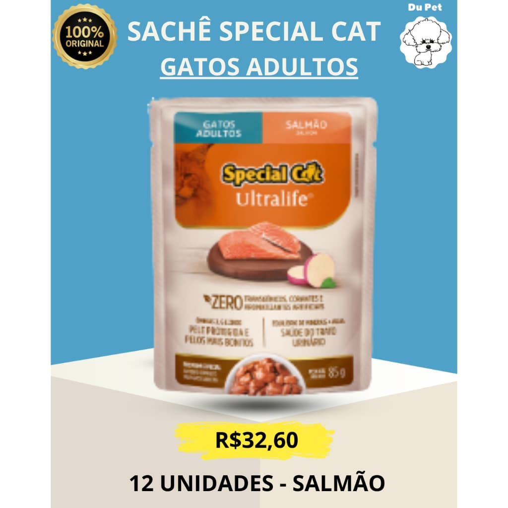 KIT ( CAIXA ) 12 UNIDADES SACHÊS SPECIAL CAT SALMÃO - GATOS ADULTOS - RAÇÃO ÚMIDA