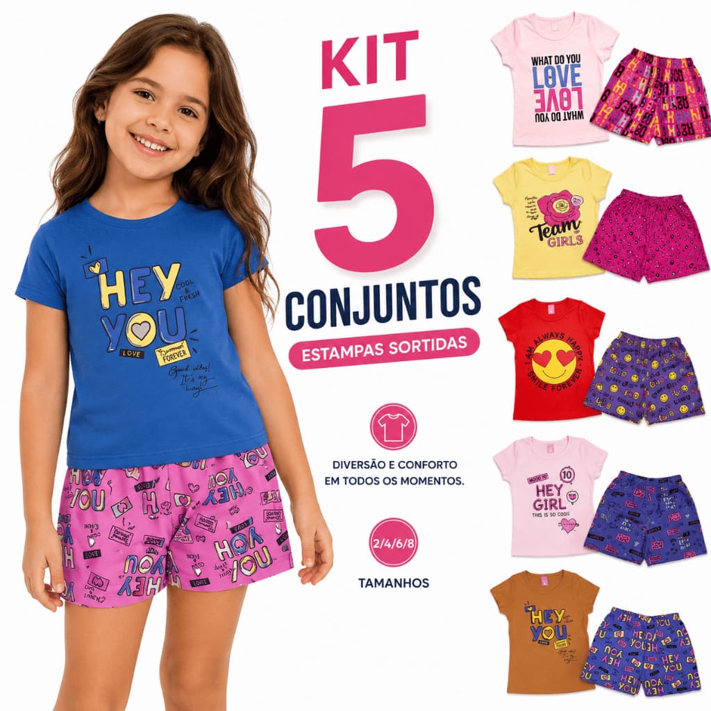 Kit 10 Peças 5 Conjuntos  Menina Verão Roupa Infantil Camiseta Algodão Short para o Dia a Dia