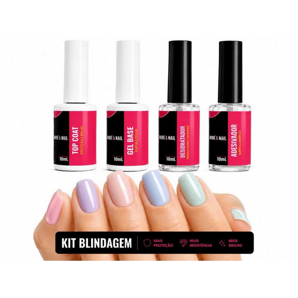 Kit Blindagem Preparador Finalizador AMORÉ&NAIL Gel Base Coat + Desidratador + Adesivador + Top Coat Led/Uv Unhas