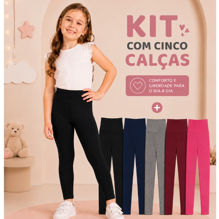 Kit Com 5 Calça Legging Suplex Moda Infantil Lisa Confortável Escolar