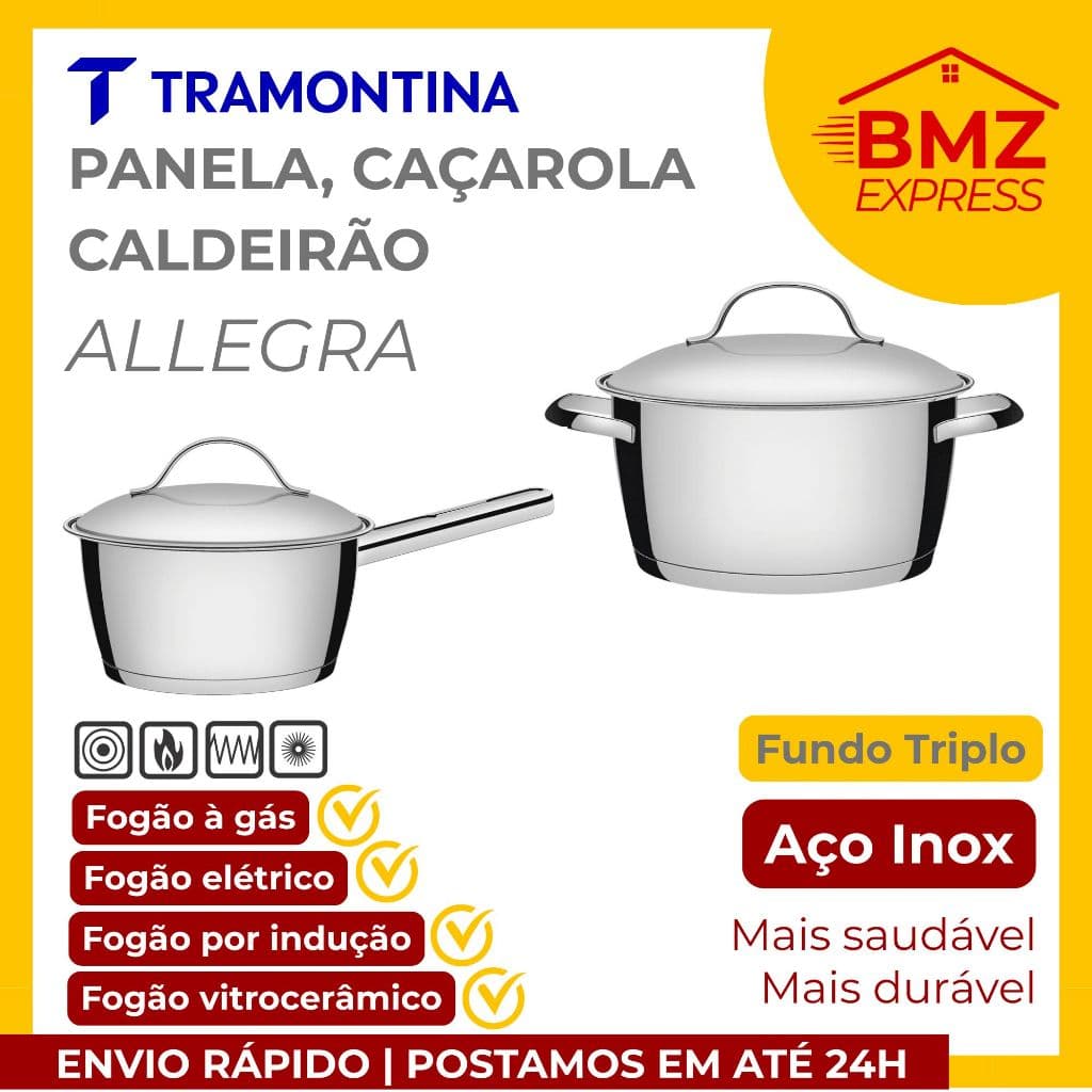 Panelas e caçarolas Tramontina Allegra Aço Inox tamanhos variados