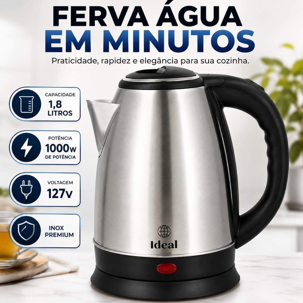 Chaleira Elétrica Inox 1,8 Litros 1000 Watts 127V Ferve Água Rápido Automática