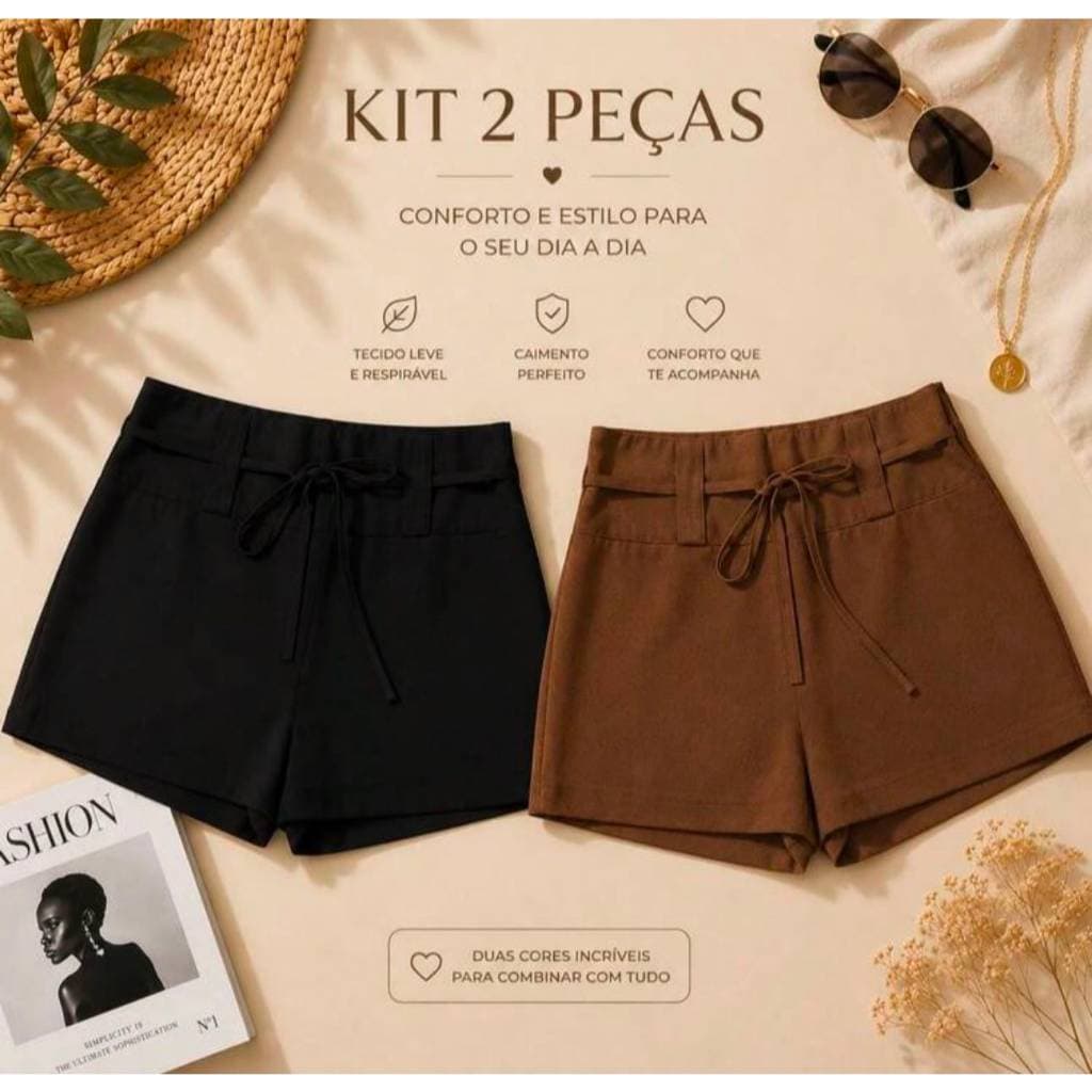 Kit 2 Shorts Feminino Alfaiataria Cintura Alta Casual Elegante