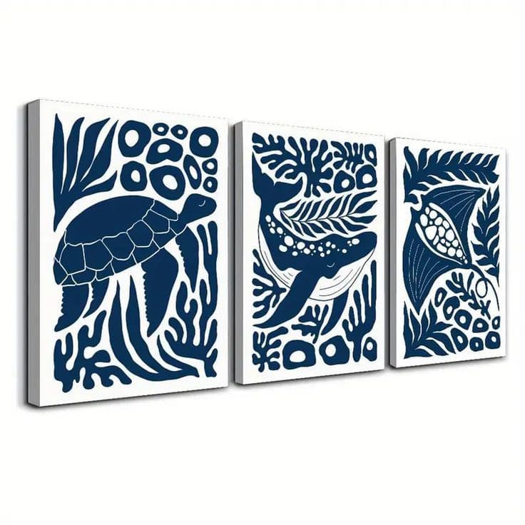 Quadros decorativos Fundo do Mar Tartaruga Baleia Arraia Azul e Branco Quarto Banheiro (3 peças)