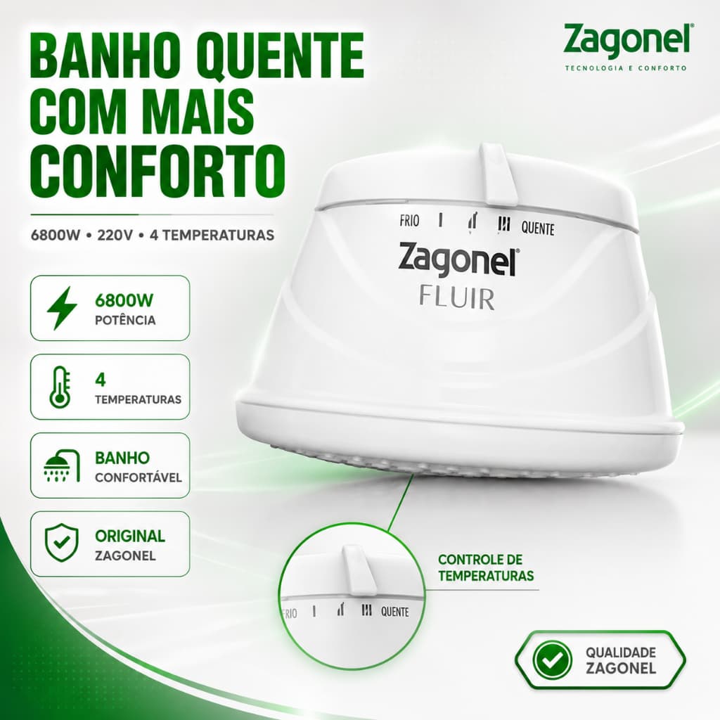Ducha Elétrica 6800W 220V Zagonel Fluir Chuveiro Branco 4 Temperaturas Original