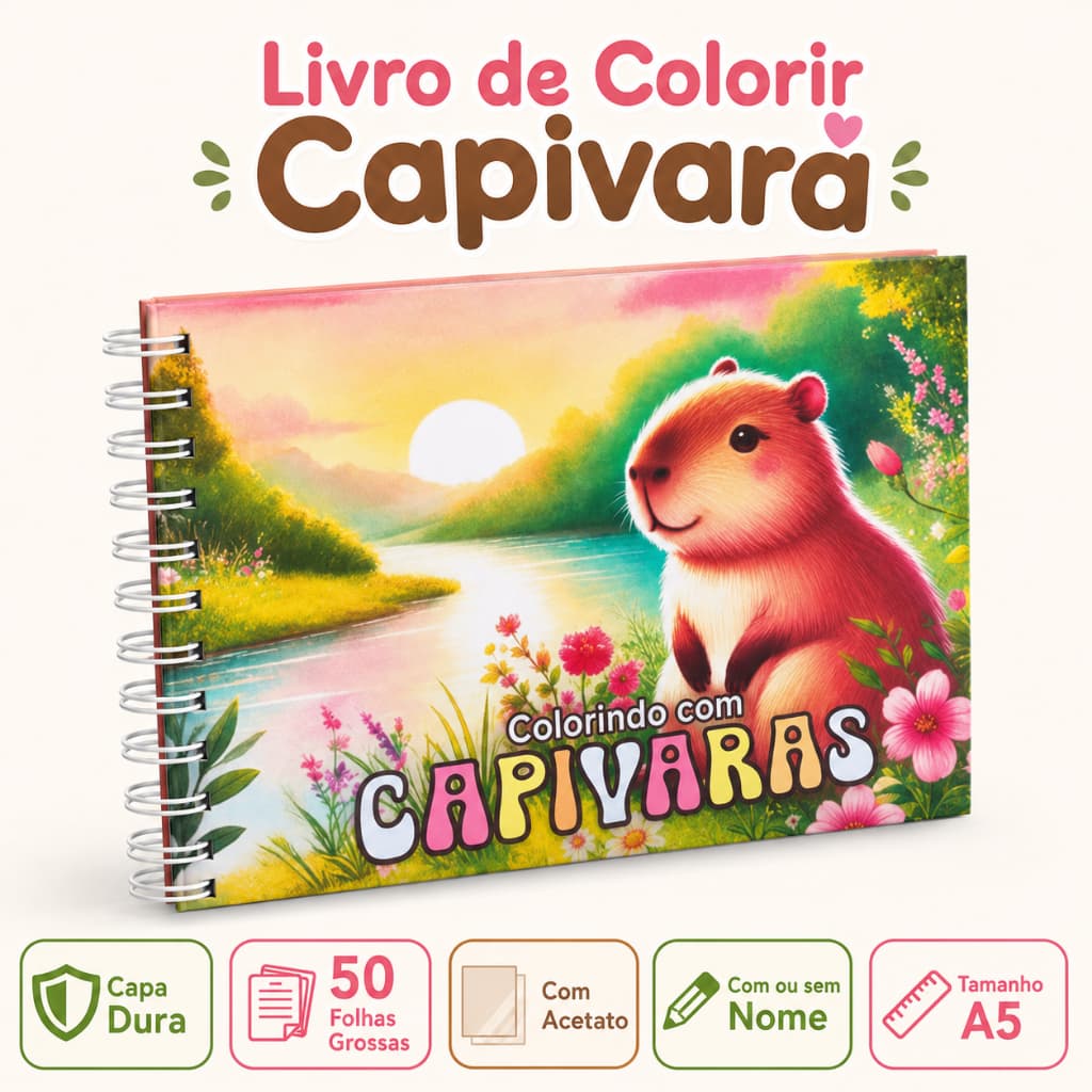 Livro de Colorir Capivara A5 Capa Dura 50 Folhas Grossas com Acetato com ou sem Nome