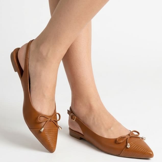 Sapatilha Slingback Feminina com Laço Elegante Bico Fino Rasteira Confortável