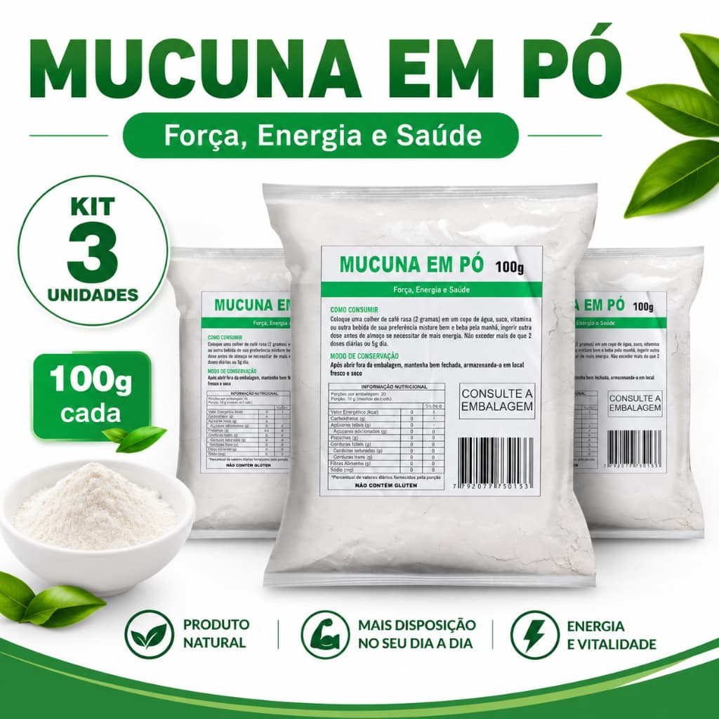 Mucuna em pó 100g Kit 3 unidades Rica em fibras e proteínas