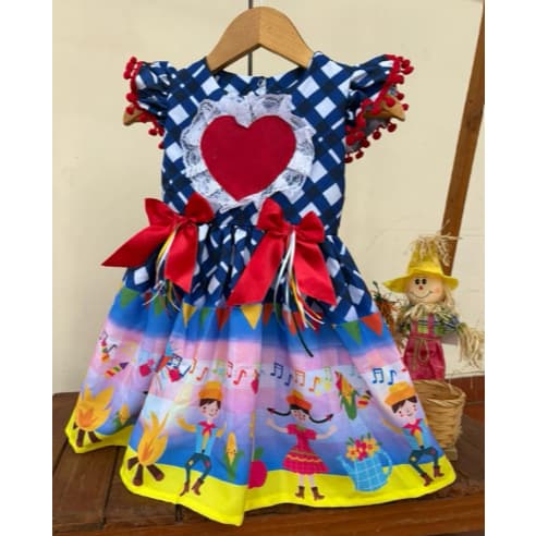 Vestido xadrez quadrilha azul de coração P 3 ANOS