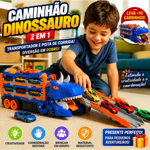 Caminhão Dinossauro com Pista Lançador Dino Truck Engole Carros Brinquedo Carrinhos