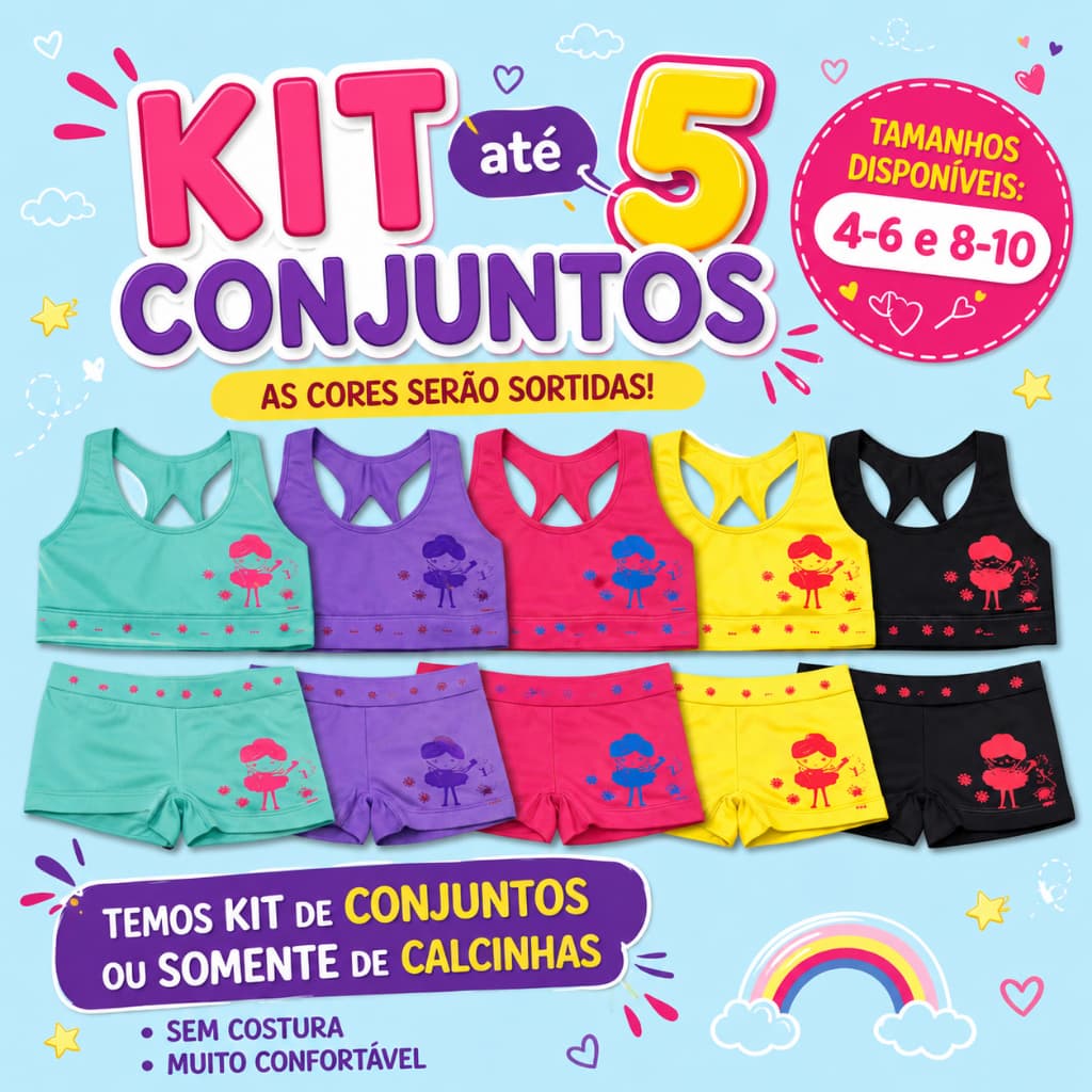 Conjuntos Menina Coloridos Top + Calcinha Shortinho Infantil Poliamida Premium 4 a 10 Anos Frio Verão Calor Fresquinha