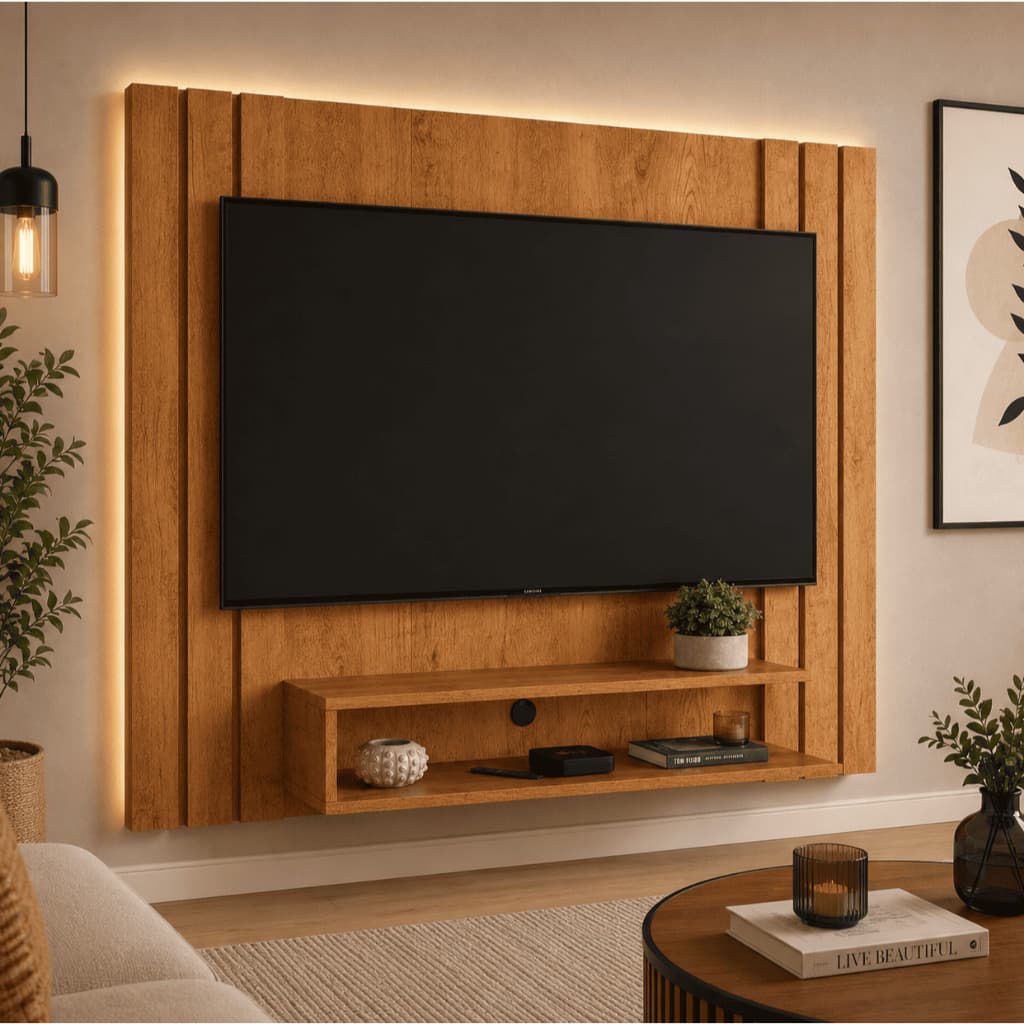 Painel Ripado Para Tv até 55 Polegadas Home Rack Suspenso Moderno C/ Prateleira Para Organização