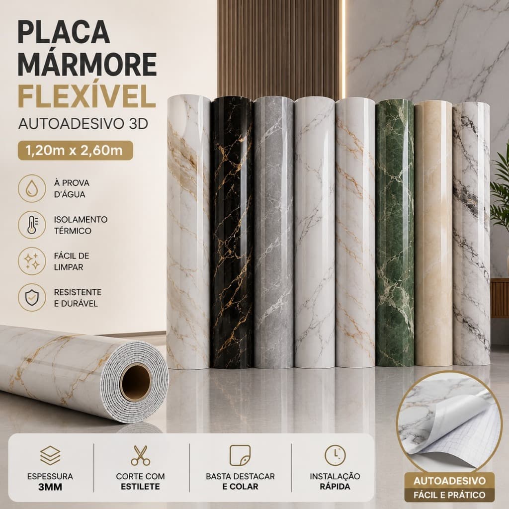 Placa Mármore Flexível Autoadesiva 3D 1,20m x 2,60m – Impermeável, Elegante e Fácil de Instalar