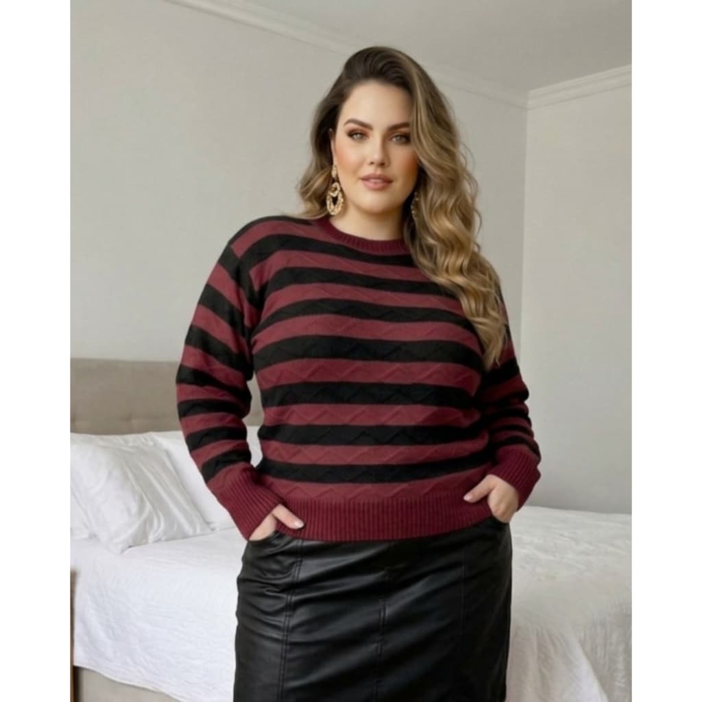 Blusa Modal Tricot Plus Size Listrada Zig-Zag Outono Inverno