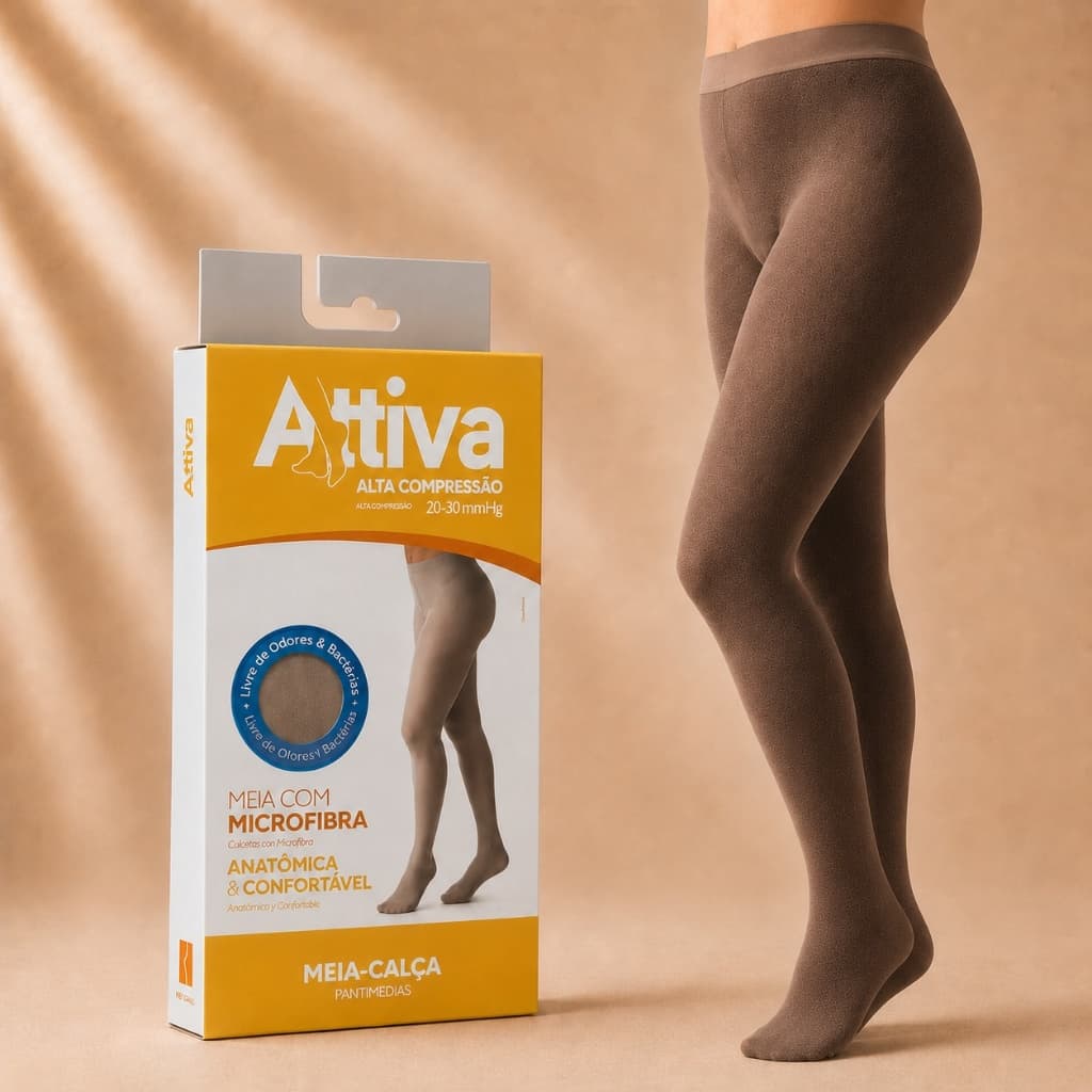 Meia Calça Elástica Alta Compressão 20-30mmHg Cor Natural Escuro Attiva Ponteira Fechada