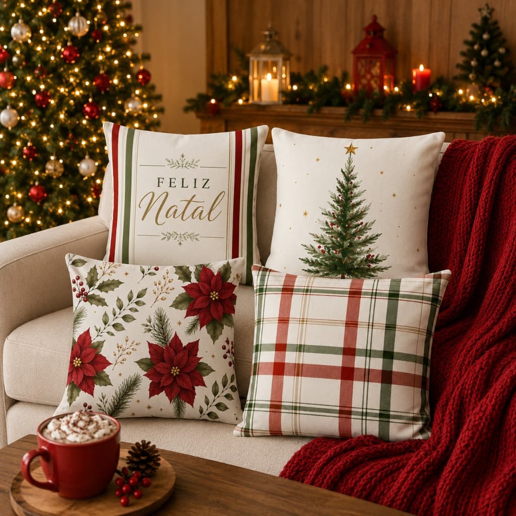 Kit 4 Capas Almofada Digital Decorativa De Natal 43x43 Cm