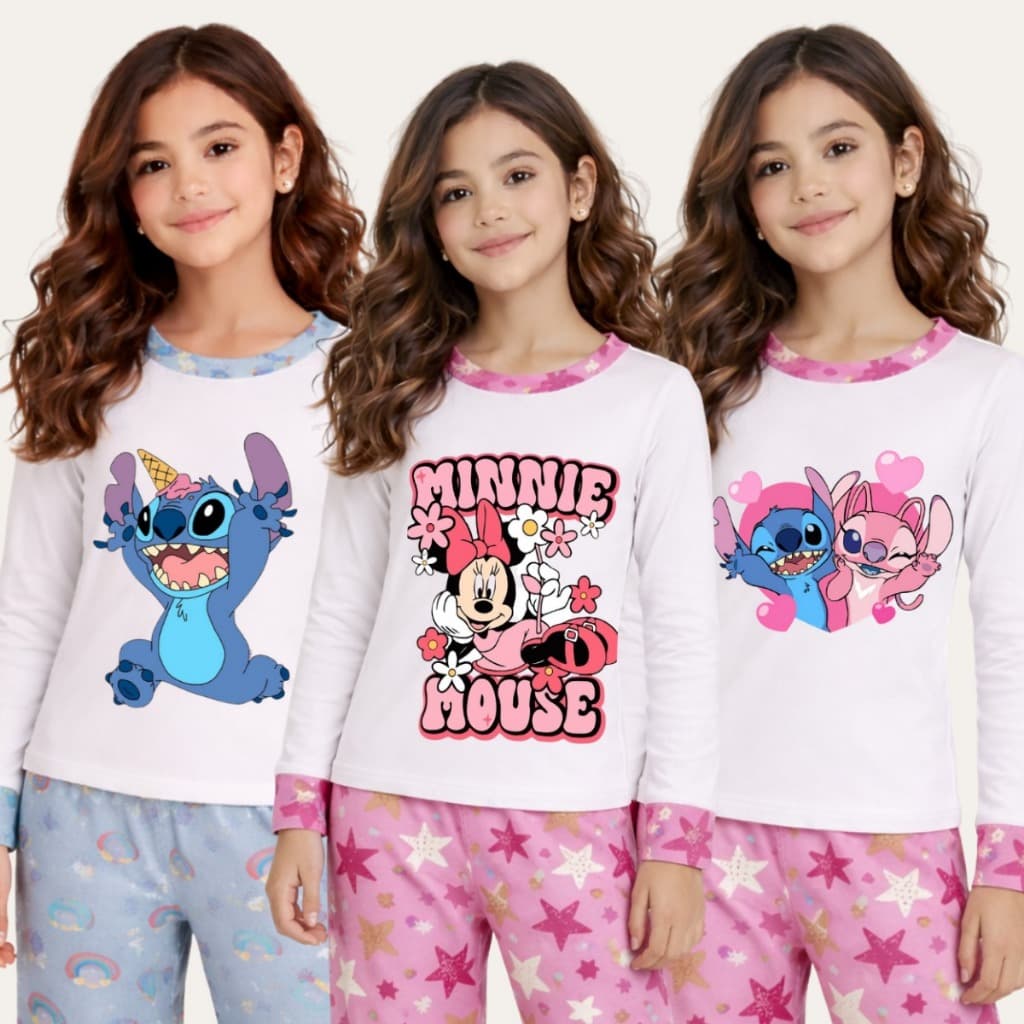 Kit 3 Menina Estampado Longo de Frio  Manga Comprida Personagens Criança