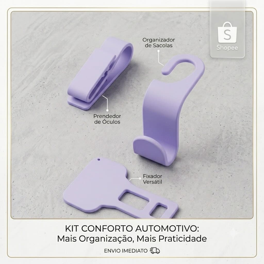 Kit Organizador para Carro 3 em 1 Clip para Óculos + Silenciador de Cinto + Gancho Porta Bolsa Acessórios Automotivos