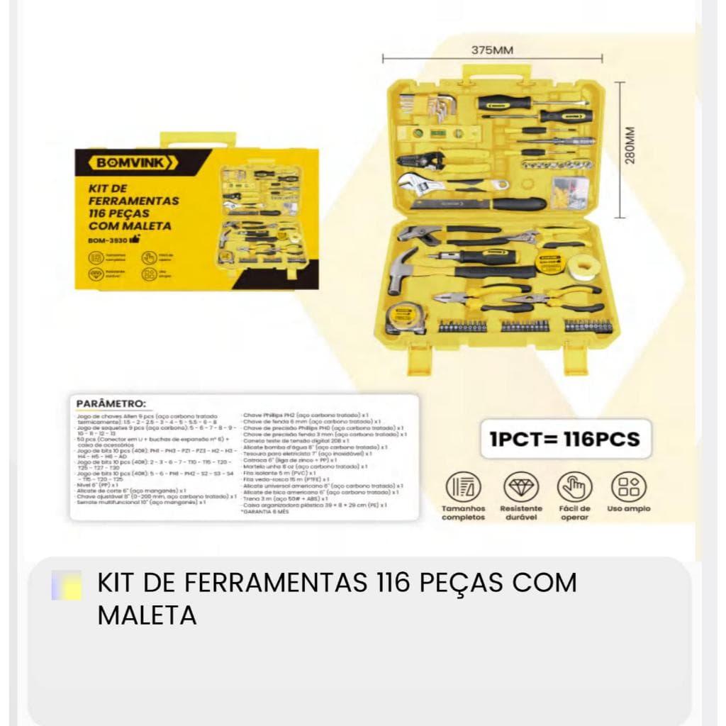 Kit de Ferramentas Composto 116 Peças com Maleta Rígida Multiuso