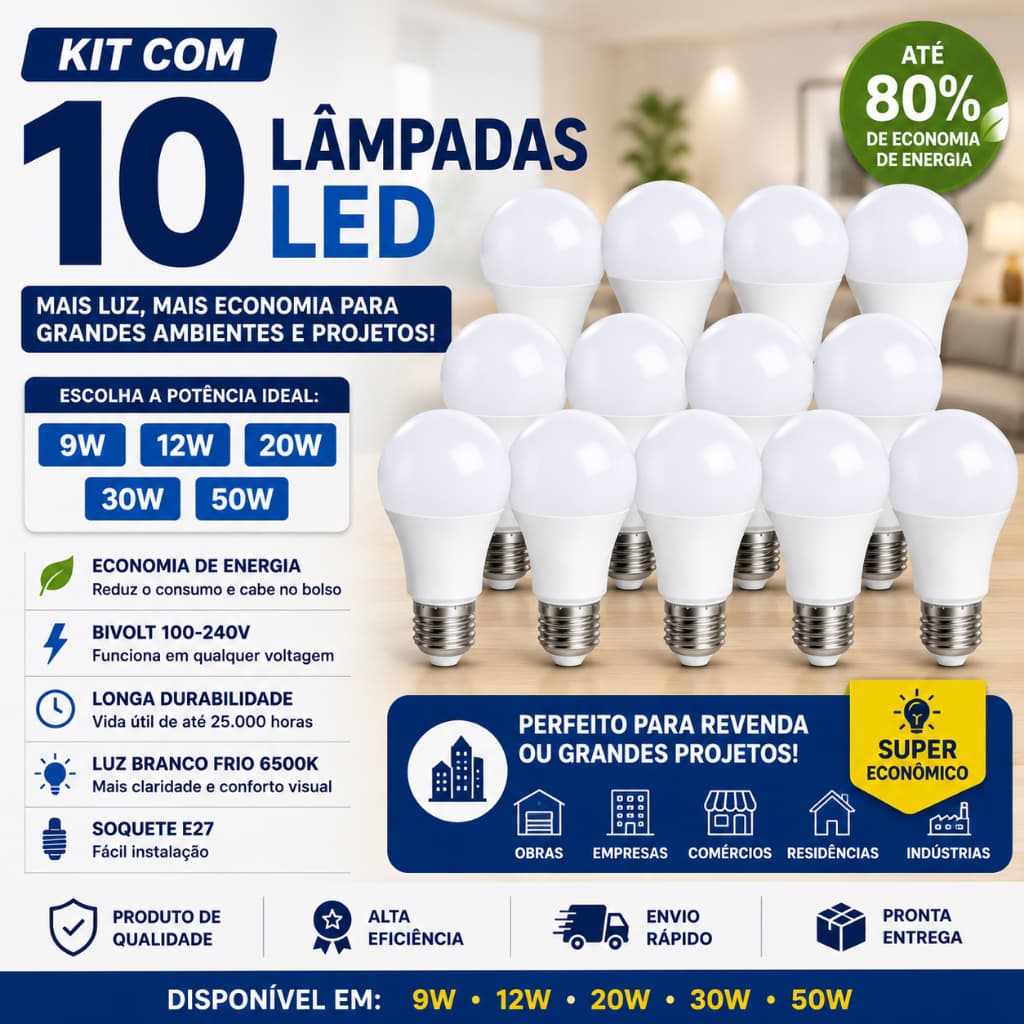 Kit 10 Lâmpadas LED 12W Bivolt Branca Fria Base E27 Econômica Alta Durabilidade