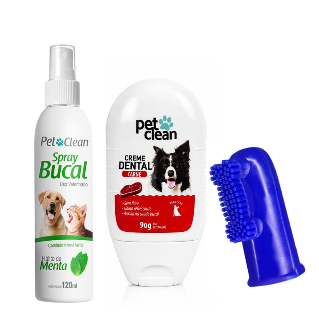 Kit Dedeira + Pasta Dente + Spray Bucal Pet Clean Cachorro