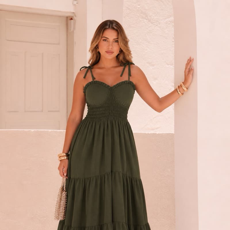 Vestido Longo Alça Feminino Tecido Leve Duna Elastano Fresco Confortável Moda Elegante Tendência Passeio Exclusivo