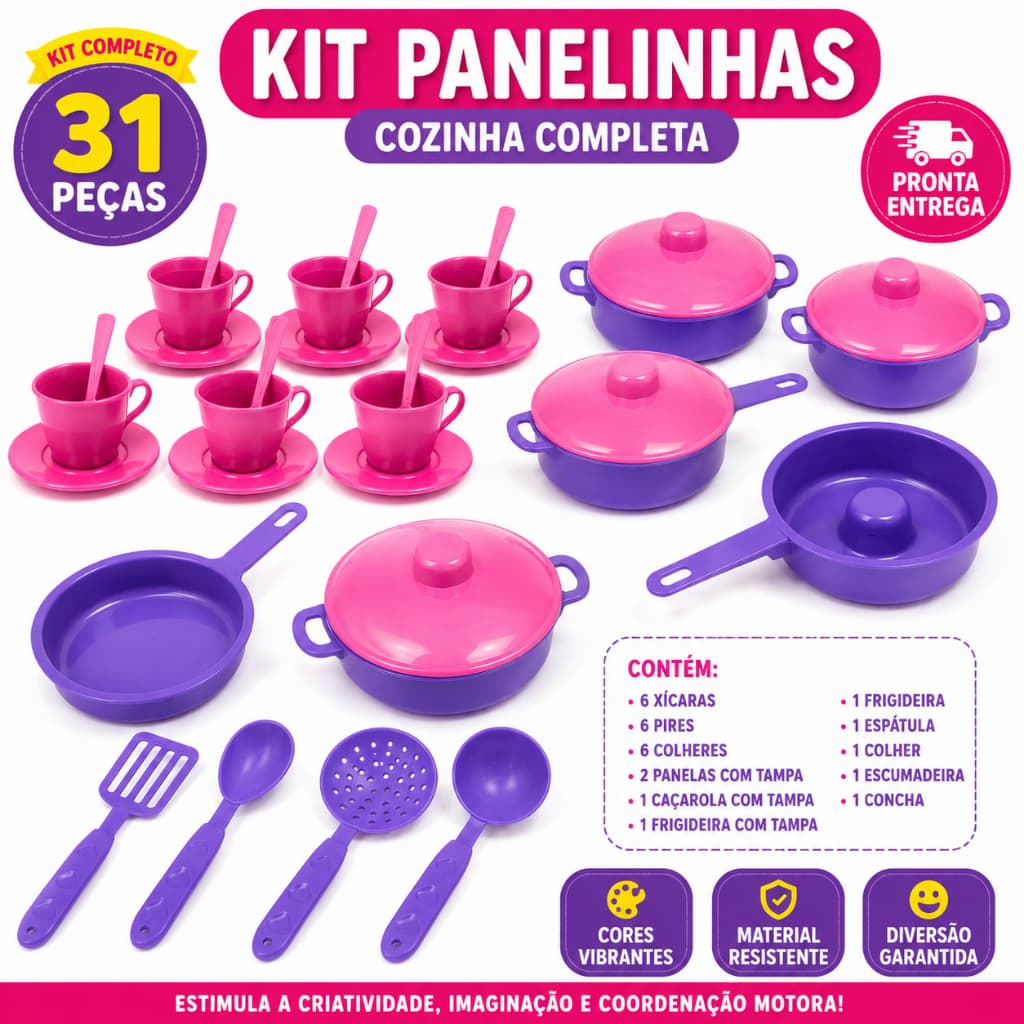 Kit Panelinhas 31 peças Cozinha Infantil Brinquedo Faz de Conta Xícaras e Utensílios