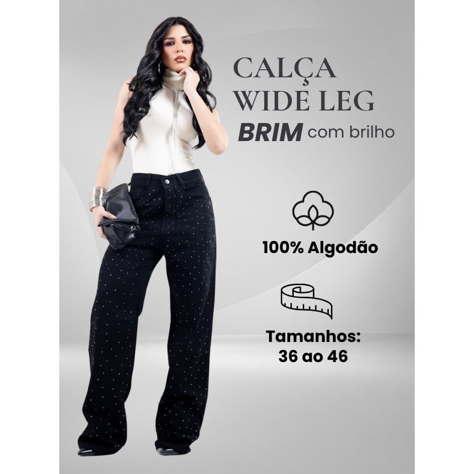 Calça Jeans Wide Leg Feminina Preta Com   Cintura Alta Pantalona Premium Confortável Elegante Casual